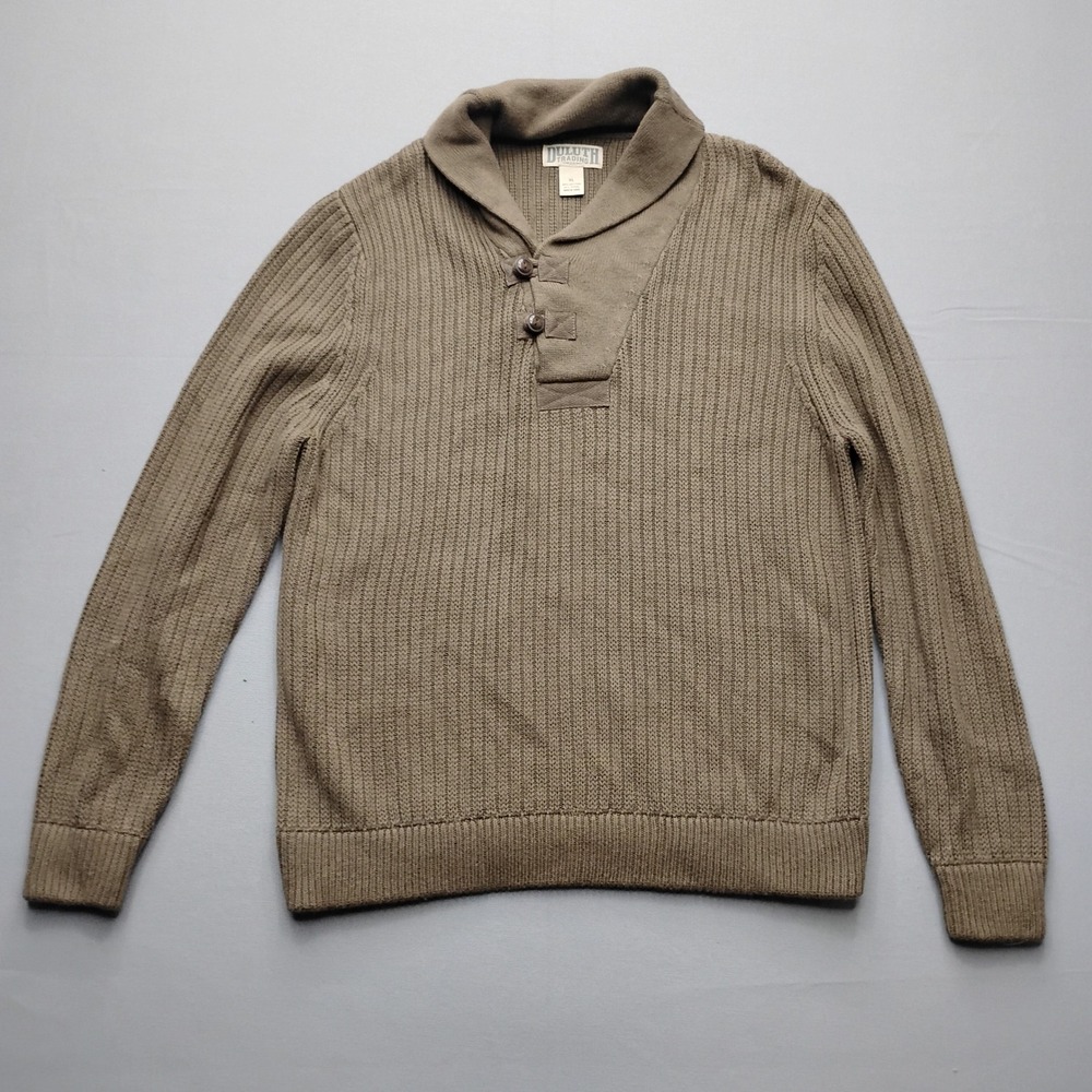 Duluth Trading Co Men XL Shawl Neck Button Sweater Brown Cotton Wool Knit 68528